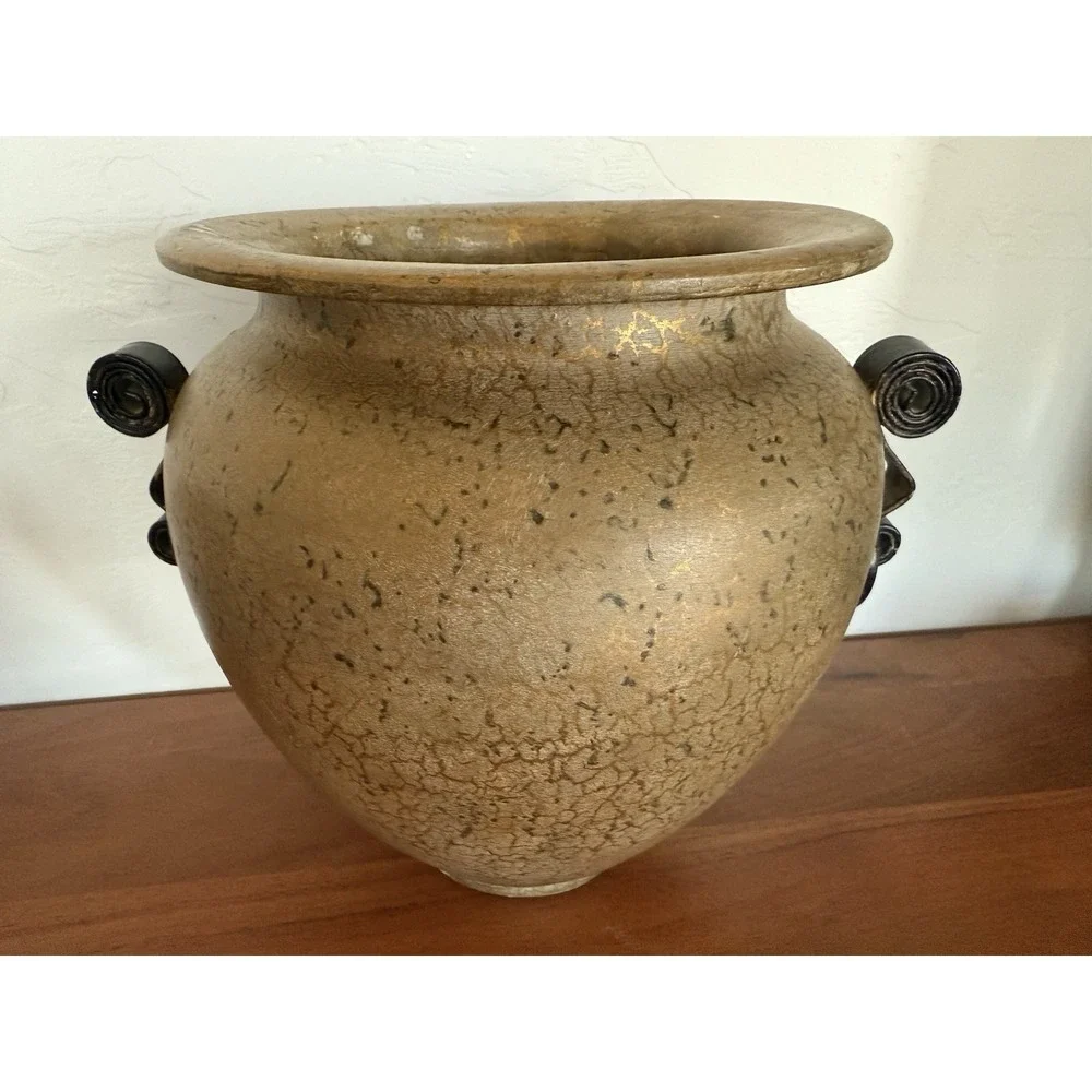 VTG Mid‎ Century Fine Crackle Glaze Vase in Metallic Gold Black Decor Handles